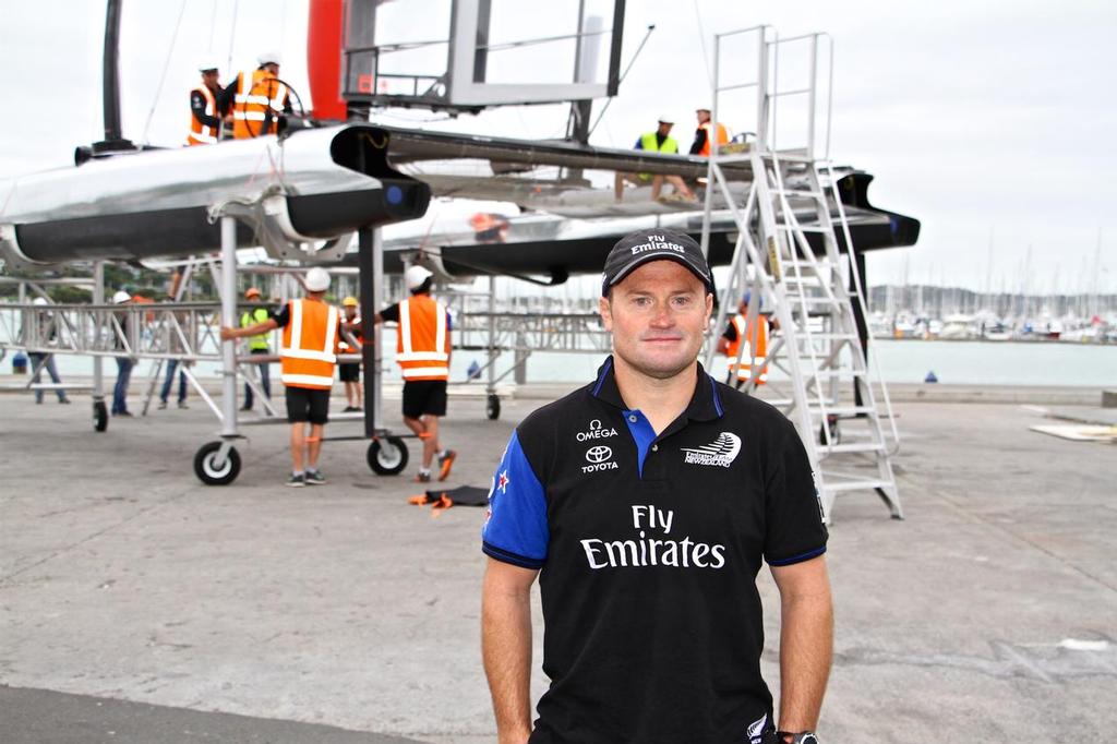 Skipper Glenn Ashby - Emirates Team NZ - with the borrowed AC45 from Luna Rossa - which was their first boat in this cycle - it was battery powered - with no grinders © Richard Gladwell www.photosport.co.nz